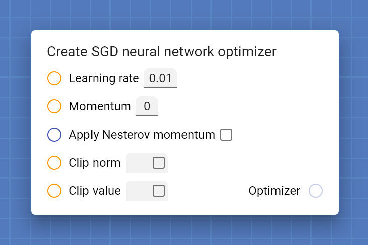 "Create SGD neural network optimizer" card