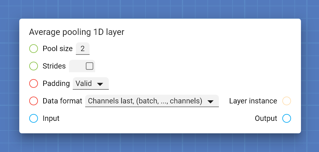 "Average pooling 1D layer" card