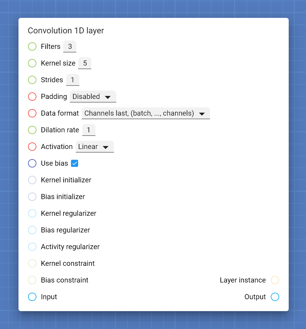 "Convolution 1D layer" card