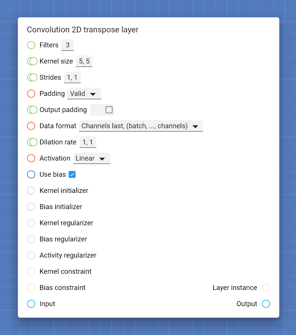 "Convolution 2D transpose layer" card