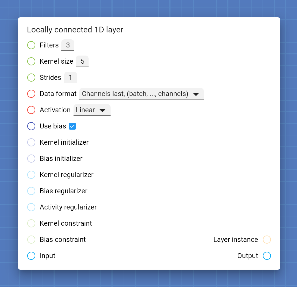 "Locally connected 1D layer" card