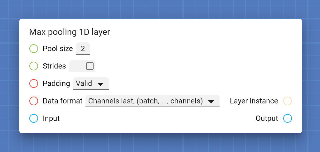 "Max pooling 1D layer" card